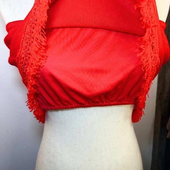LULUS Californian Red Fringe Strapless Crop Top with Crochet Hem Size L - Picture 7 of 11